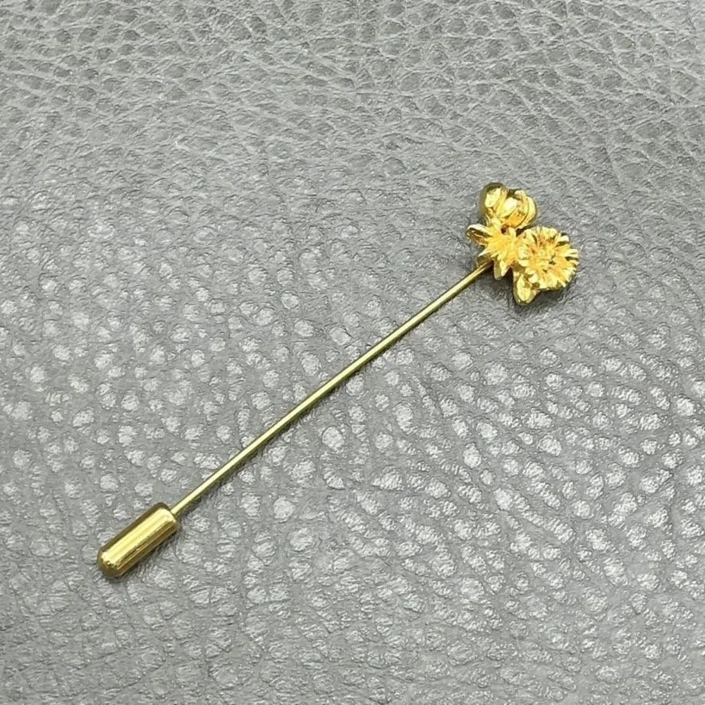 Vintage Stick Pin Gold Tone Floral Lapel Hat Flower Brooch Womens Fashion 2.5